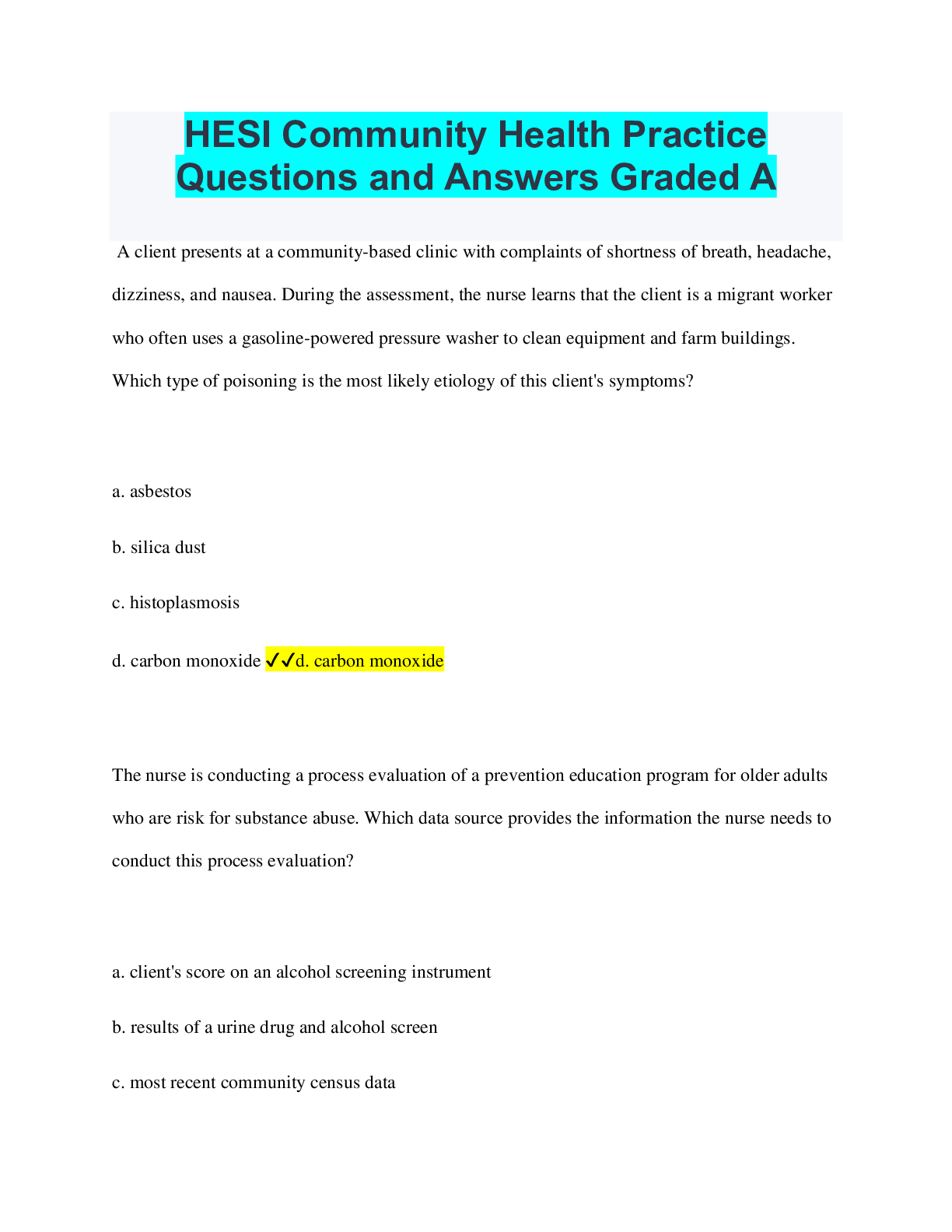 HESI Community Health Practice Questions and Answers Graded A